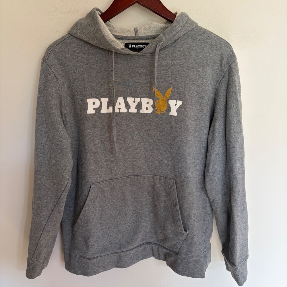 Playboy by PacSun Mens Medium Hoodie Heather Grey Gold Glitter Bunny Logo Hooded